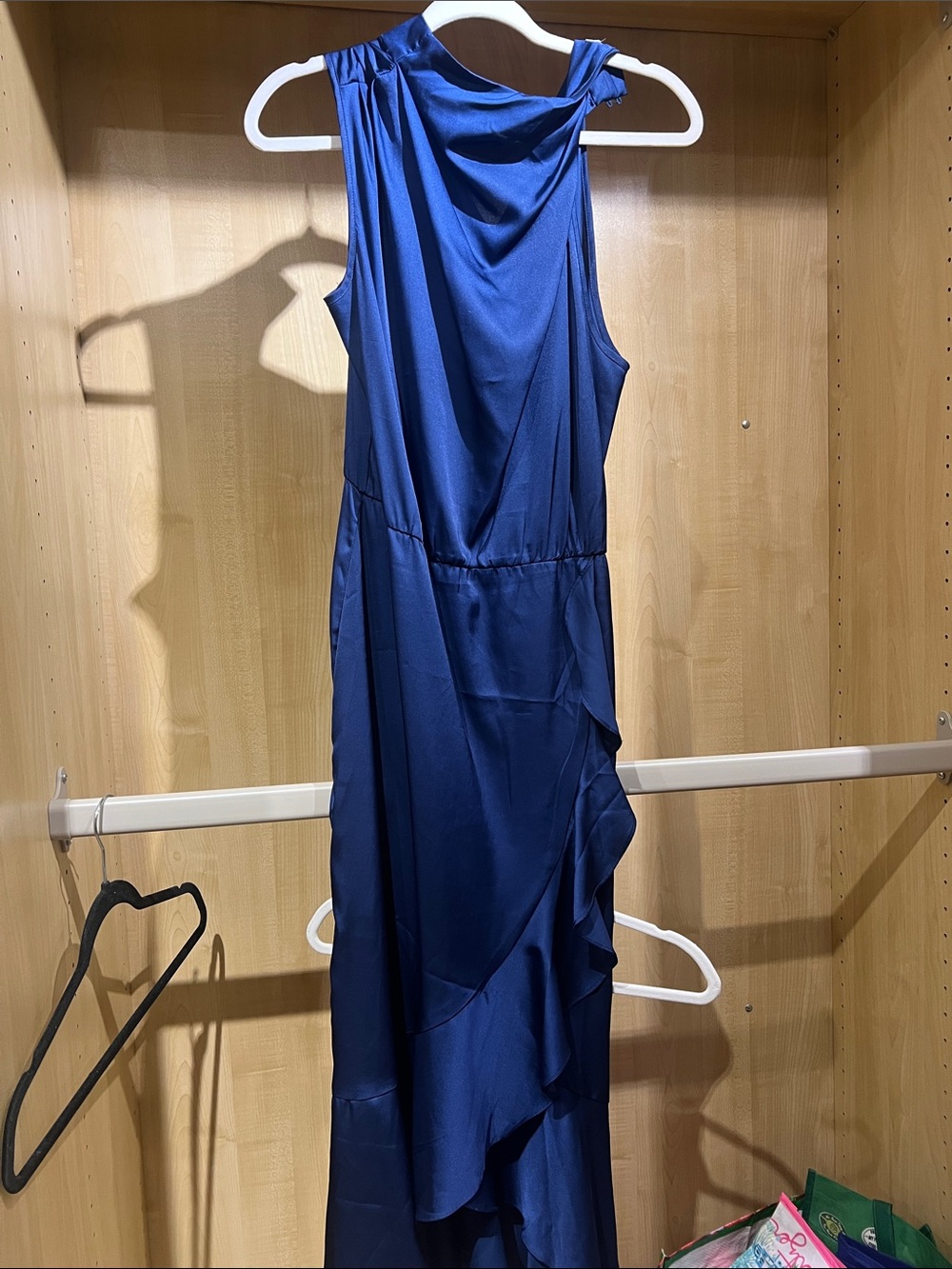 Elegant Navy Blue Maxi Dress with Draped Ruffle Detail